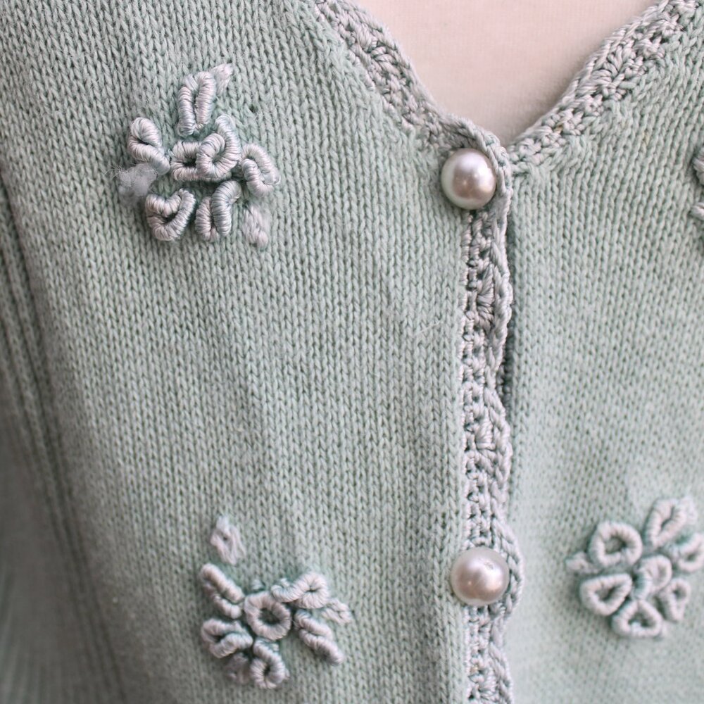 Rabbit Rabbit Rabbit Sage Green Floral Knit Short Sleeve Cardigan Size Medium/8 - Picture 5 of 7